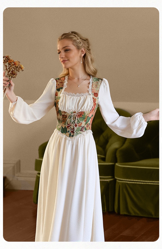 Elegant Cottage Style Princess Dresses Woman Vintage Chic Painting Corset Dress
